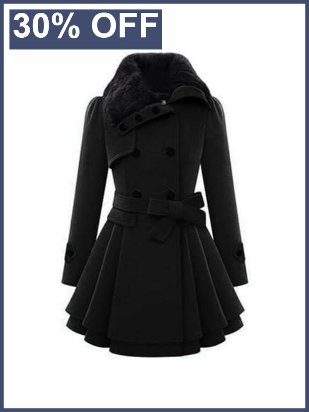 Wool Blend Faux Fur Collar Double Breasted Belted Trench Coat